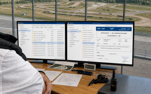 Serveur centralisé consulté en direction de course : arborescence des documents de l'épreuve et notification au concurrent