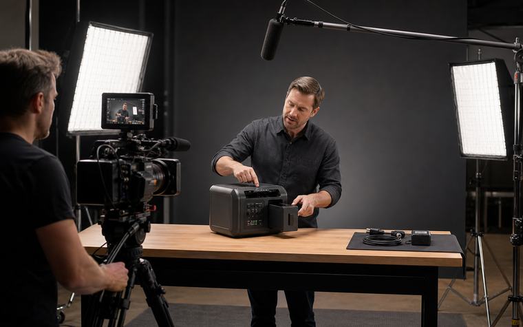Tournage d'une vidéo de démonstration produit en studio, caméra sur pied et éclairage
